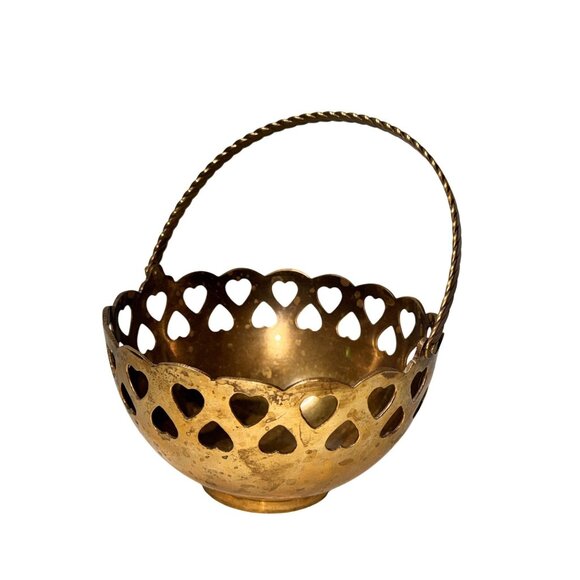 Vintage Brass Heart Cutout Basket With Twisted Handle - 5" Diameter x 4" Height - Picture 1 of 6